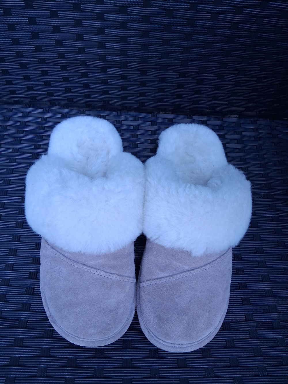 Nuknuuk Joy Genuine Sheepskin Suede Slippers - Taupe / Grey, Size 8